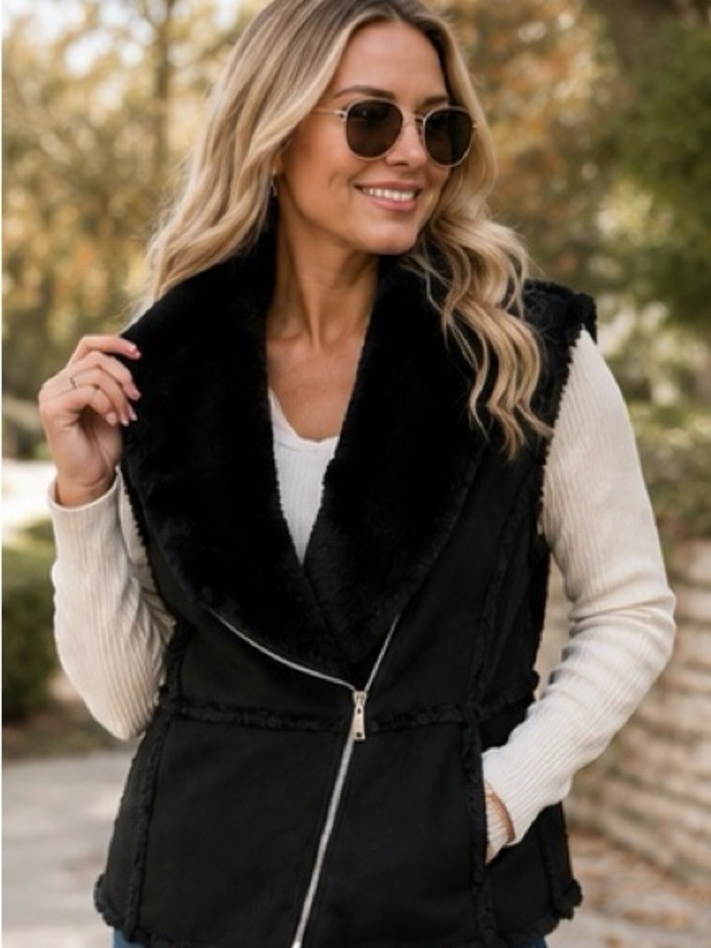 White House Black Market Black Faux Shearling Moto Vest Size M